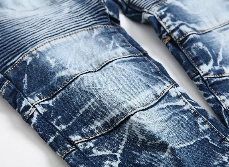 Zipper Pocket Retro Nostalgic Jeans Men's New Style High Street Motorcycle Fashion Stretch Slim Straight Denim Trousers Male