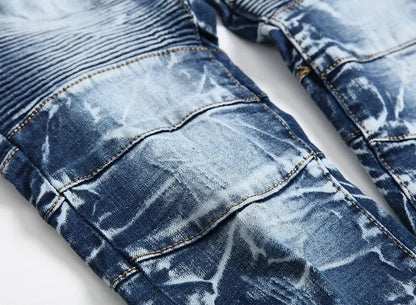 Zipper Pocket Retro Nostalgic Jeans Men's New Style High Street Motorcycle Fashion Stretch Slim Straight Denim Trousers Male