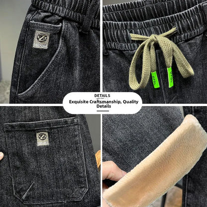 Warm Fleece Lined Elastic Waist Casual Straight Leg Men's Jeans Premium Quality Autumn Winter Thickened Stretch Denim Pants