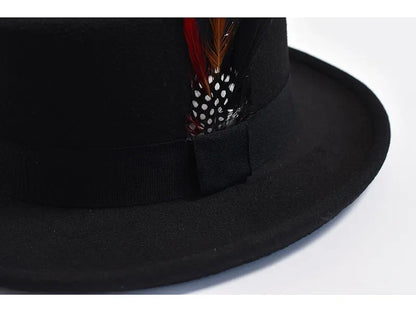 NEW Vintage Pork Pie Hat Mens Rolled Brim Felt Fedora Hat with Feather Gentleman Trilby Jazz Hats