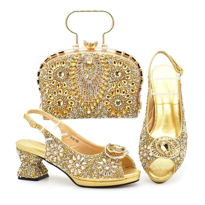 Italian Shoes and Bags Matching Set Decorated with Rhinestone Shoe and Matching Bag for Nigeria Party Wedges Shoes for Women