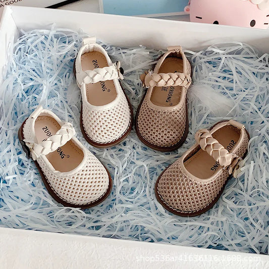 Girls Walking Shoes Lace Mesh Bows Kids Princess Shoes Non-slip Shiny Sequins 2025 New Children Flat Shoes Soft Sole Non-slip