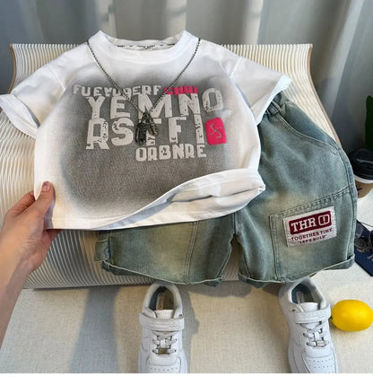 Korean Children's Summer Clothes Kids Set Outfits Boys 2026 Handsome Sleeveless&Short Sleeved T-shirt Denim Shorts 2-piece Set