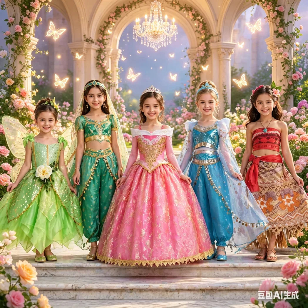 Elsa Anna Snow White Moana Rapunzel Ariel Belle Princess Dress for Girls Cosplay Carnival Birthday Party Outfit Kids 2-8Y