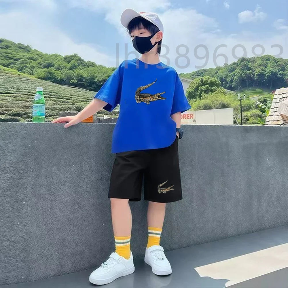 Summer Tees African crocodile print Set Suitable Children Short Sleeve Age 3-12 Girls boy Set Tshirt+Shorts 2pcs Kids clothing
