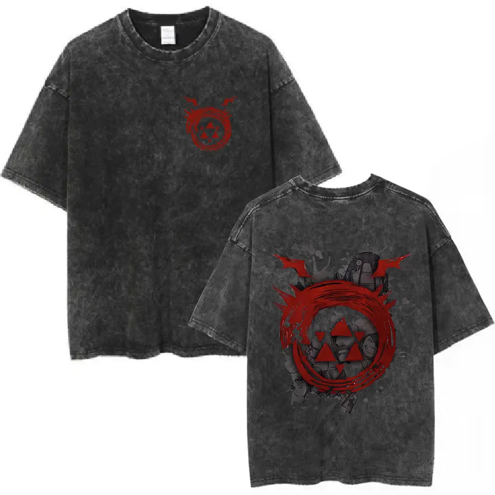 Anime Fullmetal Alchemist Washed T Shirts Edward Elric Alphonse Elric T-Shirt Men's Women Fashion Casual Oversized T-shirts Tops