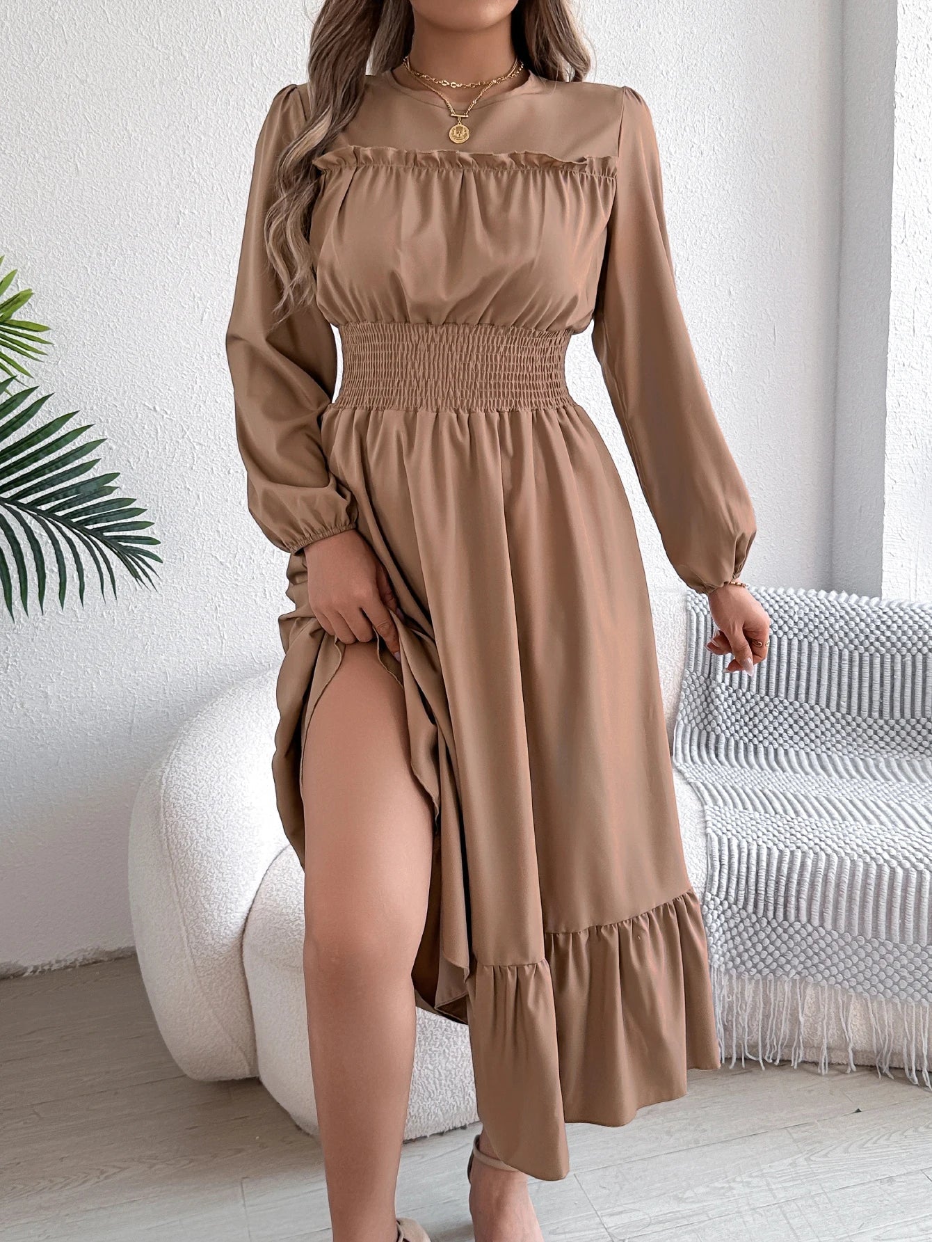 Autumn and Winter Casual Elegant Solid Color Round Neck Long Sleeved Waist Cinched Lotus Leaf Edge Dress Women Clothing