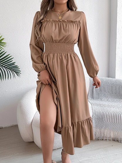 Autumn and Winter Casual Elegant Solid Color Round Neck Long Sleeved Waist Cinched Lotus Leaf Edge Dress Women Clothing