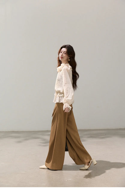 Retro Polka Dot Ruffle Chiffon Blouse 2026 Spring New Apricot Lace Cuffs Design Top Gentle Tie Shirt for Women MXF13X2530