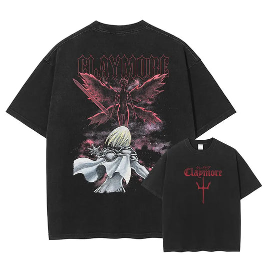 Anime Claymore T Shirt Clare Miria Vintage Washed Tops Tees Anime Cartoon Harajuku DTG Print Short Sleeve Oversized Tshirt