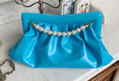 Fashion Folds Women Clutches Pearl Chain Design Lady Handbag Python Banquet Envelope Evening Bag Ladies Clutch Purses Bolsas