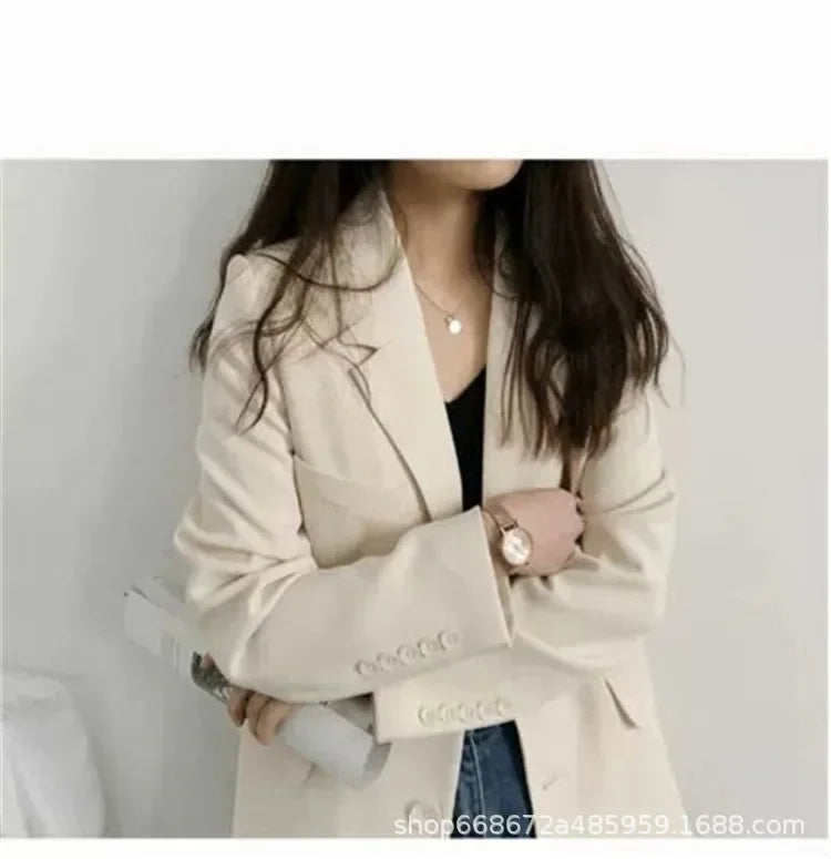 Elegant Casual Loose Long Sleeve Women's Small Suit Jacket Korean Style Spring Autumn Chic Polyester Fiber Button Decoration