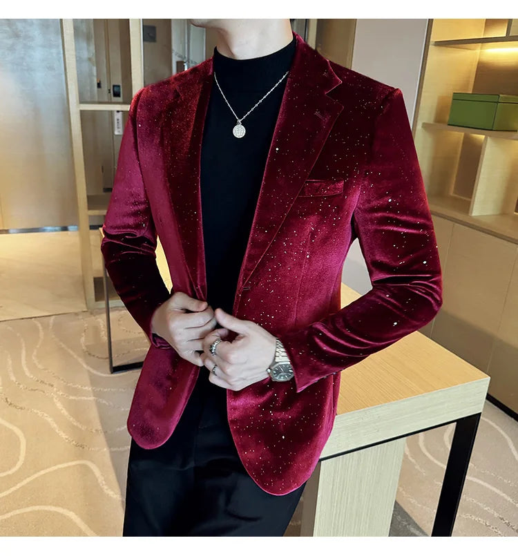 High Quality Velvet Bronzing Suit Coats Mens Sparkle Elegant Slim Business Suits Jacket Homme Formal Social Prom Party Tuxedos