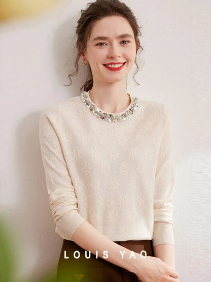 2024 Autumn Elegant Jacquard Fashion Glitter Bead Chain Decoration Round Neck Long Sleeve Women's Knitted Shirt