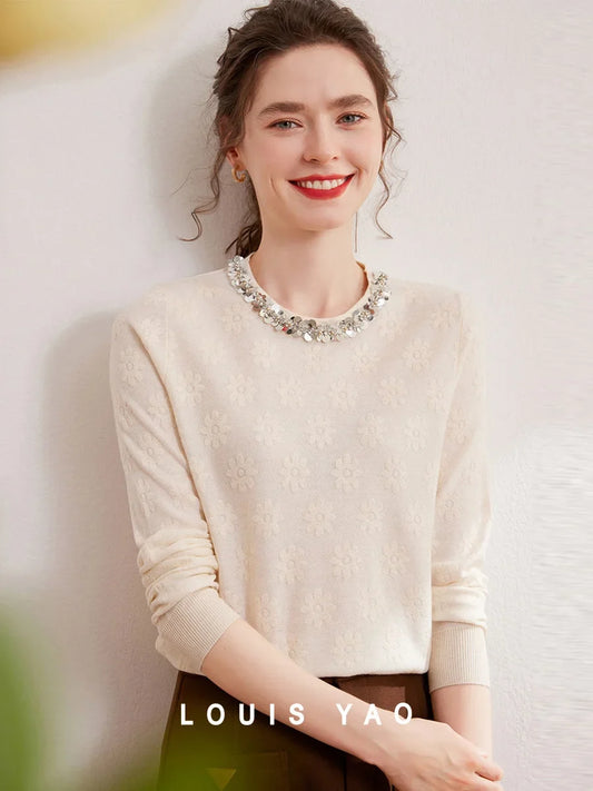 2024 Autumn Elegant Jacquard Fashion Glitter Bead Chain Decoration Round Neck Long Sleeve Women's Knitted Shirt