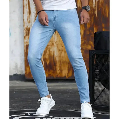 Men Narrow Leg Jeans Male Straight Leg Slim Pencil Denim Pants Classic Casual Daily Stretch Skinny Trousers