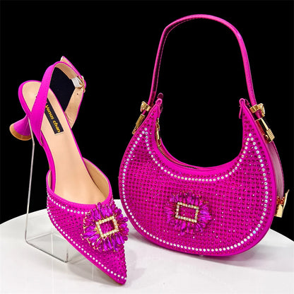 Elegant Nigerian Women’s Italian Design Black Heels and Handbag Set With Rhinestone Accents for Wedding and Party