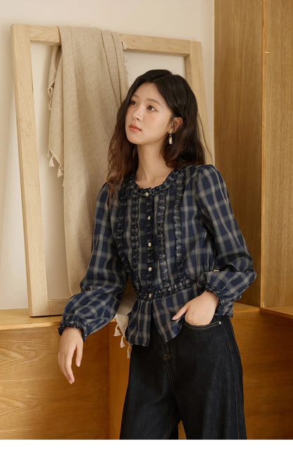 Women's Vintage Blue Plaid Shirt 2025 Autumn New Elegant Luxury Loose Waist Shirts Round Neck Long Sleeved Top MXE45X2480