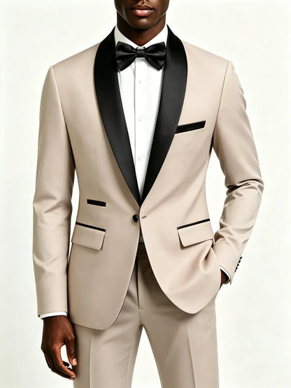 Men's Black Satin Shawl Lapel Tuxedo Suit 2 Pieces, Slim Fit Formal Blazer & Pants for Wedding Party Prom Groom Outfit