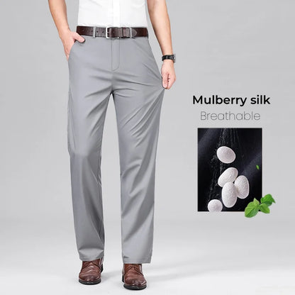 Mulberry Silk Pants Men's Summer Thin Breathable Business Casual Loose Trousers Straight Non-iron Solid Color Plus Size 3colors
