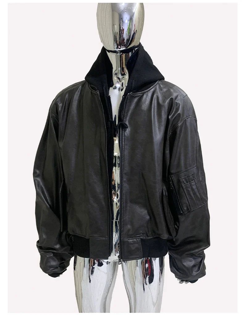 Spring Oversized Vintage Black Faux Suede Leather Jacket Men Zipper Fake 2 Piece Luxury Designer Clothes Hoodie 2024