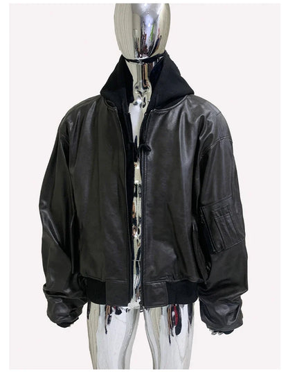 Spring Oversized Vintage Black Faux Suede Leather Jacket Men Zipper Fake 2 Piece Luxury Designer Clothes Hoodie 2024