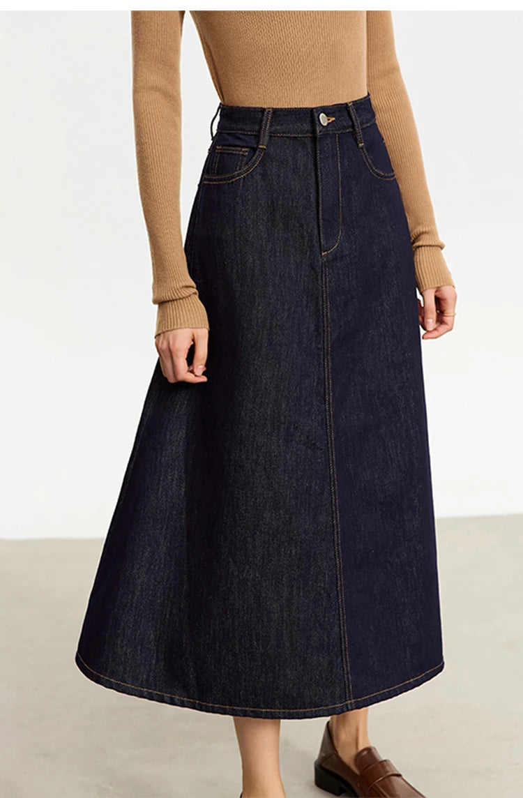 Minimalist Women Denim Skirt 2025 Autumn New French Retro Loose Basics Casual A-line Office Lady Cotton Midi Skirt 12343070