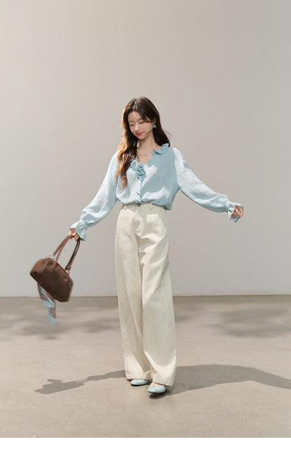 Women's Asymmetric Ruffled V-neck Shirt Spring Light Blue Floral Applique Ruffle Cuffs Top Elegant Loose Shirt MXF14C2448