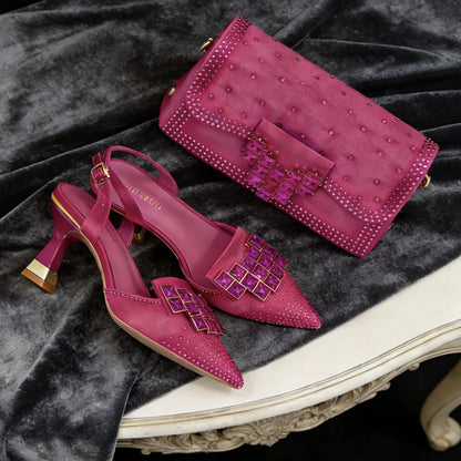 Stylish Orange Rhinestone High Heel Shoes & Matching Handbag - Elegant Pointed-Toe Footwear for Women, Ideal for Parties