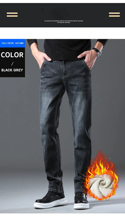 2024 New Men's Clothing Casual Jeans Winter New Fleece Pants Thick Warm Fashion Straight Fit Male Denim Trousers