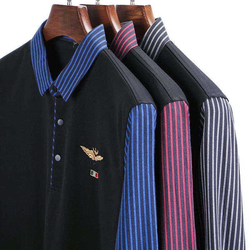 2025 New Men's Casual and Fashionable Long Sleeved POLO Shirt with Contrasting Print Anti Wrinkle Top