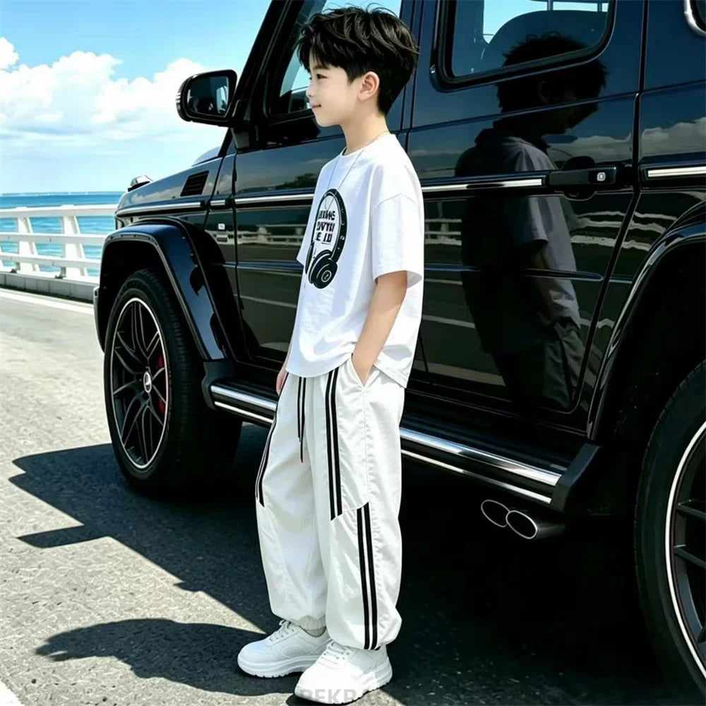 Street Style Children Luxury Summer Outfit Top And Bottom Set for Teen Boys T-shirt Pants Suit Kids Fashion Streetwear Clothes