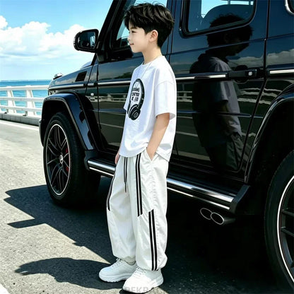 Street Style Children Luxury Summer Outfit Top And Bottom Set for Teen Boys T-shirt Pants Suit Kids Fashion Streetwear Clothes