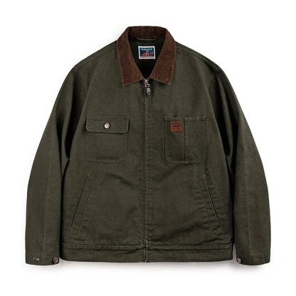 Retro Heavyweight Canvas Detroit Jacket Corduroy Collar Hunting Short Zip-Up Jacket with Pockets Men's Autumn Outerwear