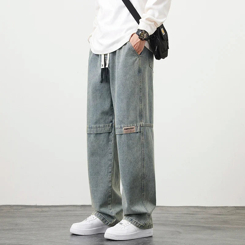 8XL New Retro Blue Men's Jeans Large Size String Banding Wide Leg Denim Pants Cotton Casual Straight Jean Trousers 6XL 7XL