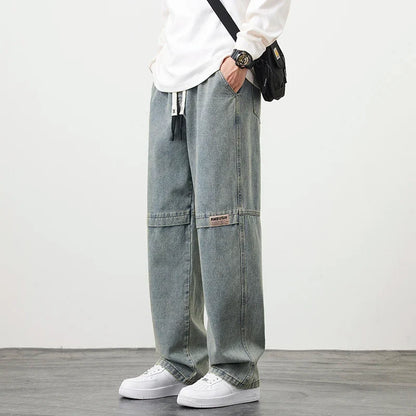 8XL New Retro Blue Men's Jeans Large Size String Banding Wide Leg Denim Pants Cotton Casual Straight Jean Trousers 6XL 7XL