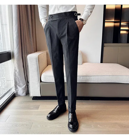 Autumn Winter High Waist Business Dress Pants Men Casual Belt Design Slim Suit Pants Formal Wedding Social Party Male Trousers