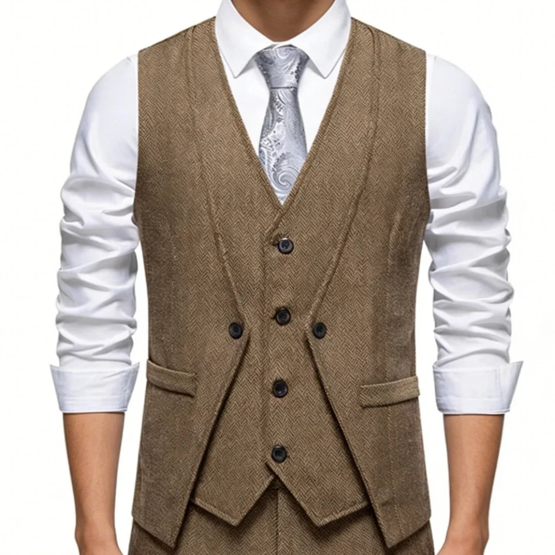 Men Vest Brown Herringbone Single Button V Neck Waistcoat For Wedding Banquet Office Business Work Casual Daily Men Suit Vest