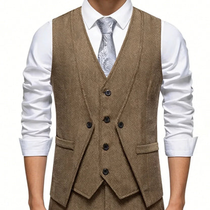 Men Vest Brown Herringbone Single Button V Neck Waistcoat For Wedding Banquet Office Business Work Casual Daily Men Suit Vest