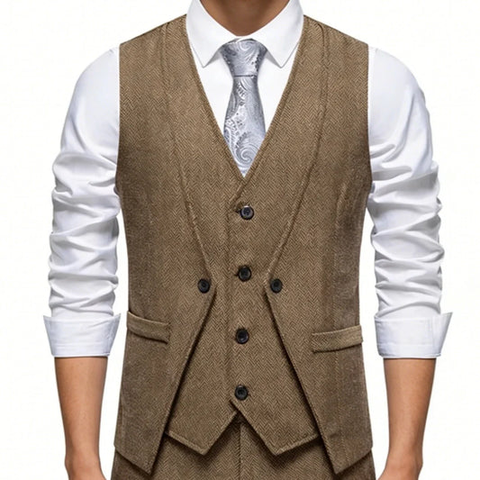 Men Vest Brown Herringbone Single Button V Neck Waistcoat For Wedding Banquet Office Business Work Casual Daily Men Suit Vest