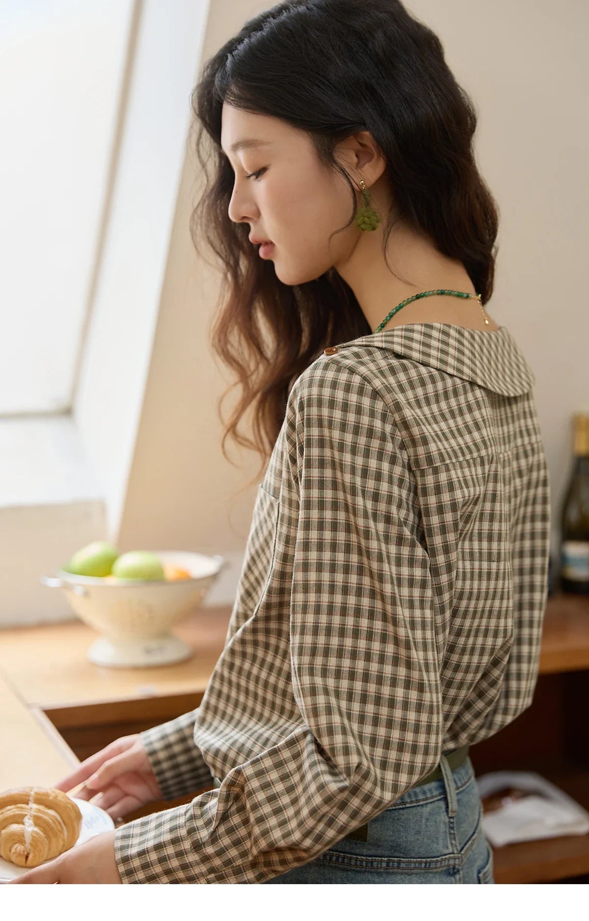 Women's Casual Shirts Cotton Autumn Side Slit Pockets Plaid Shirts Commute  Elegant Chic Woman Top with Belt MXE44X2469