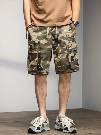2024 Men's Shorts Camouflage Grey Summer Casual Elastic Waist Knee Length Camo Cargo Short Men Stretch Drawstring Cotton Bermuda