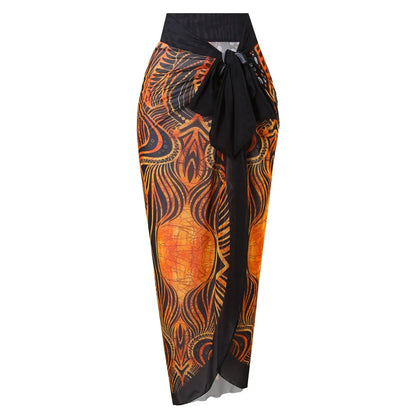 S - XXL Printed Long Sleeve With Sarong One Piece Swimsuit Women Swimwear Female Flowers Padded Bather Bathing Suit Swim V7181