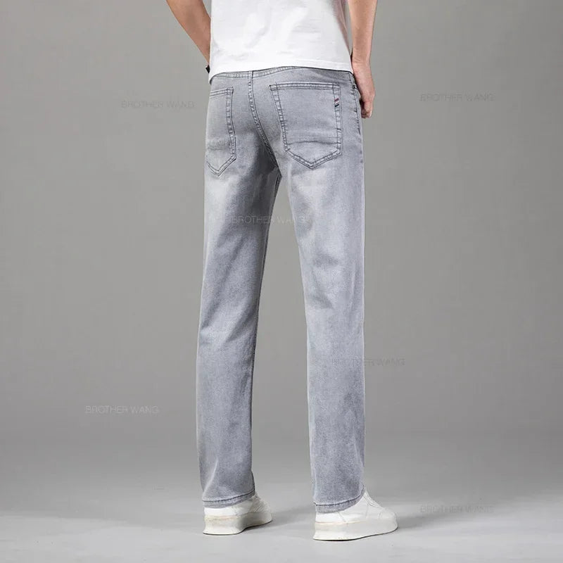 Summer Brand Men's Fit Straight Lightweight Cotton Stretch Jeans Business Casual High Waist Thin Light Grey Jeans mens pants