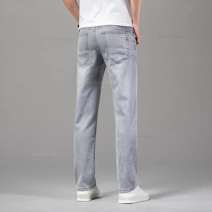 Summer Brand Men's Fit Straight Lightweight Cotton Stretch Jeans Business Casual High Waist Thin Light Grey Jeans mens pants