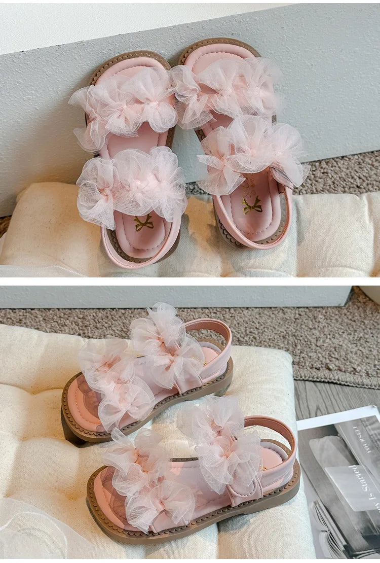 Sweet Princess Shoes Girl Tulle Lace Butterfly-knot Chic Summer Wedding Party Shoes Sandals for Child Girls Holiday Shoes I11155