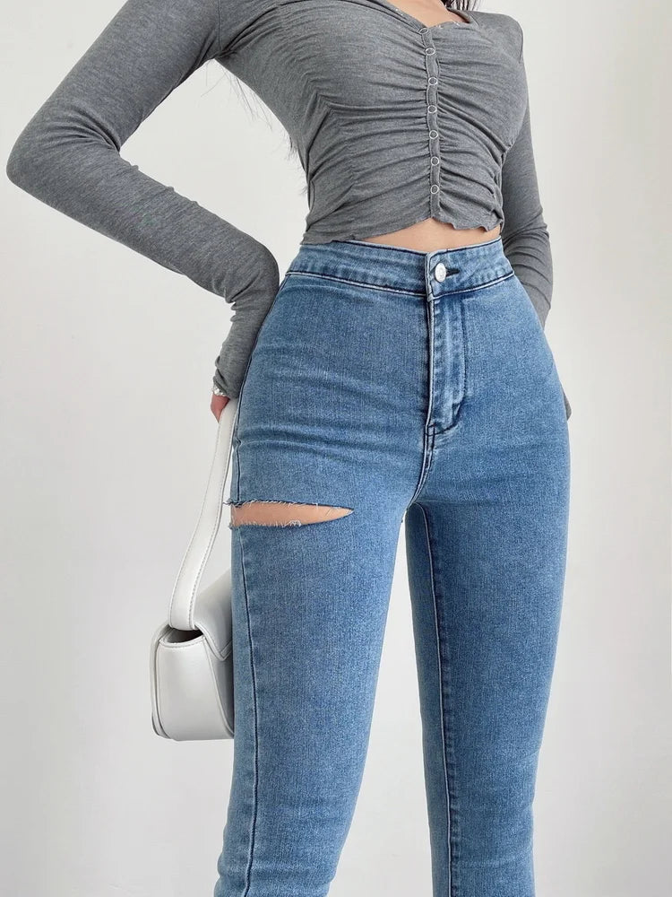 American Spicy Girls Sexy Hole Jeans Slim High Waist Elastic Feet Pencil Pants Trousers Fashion Women BOF8