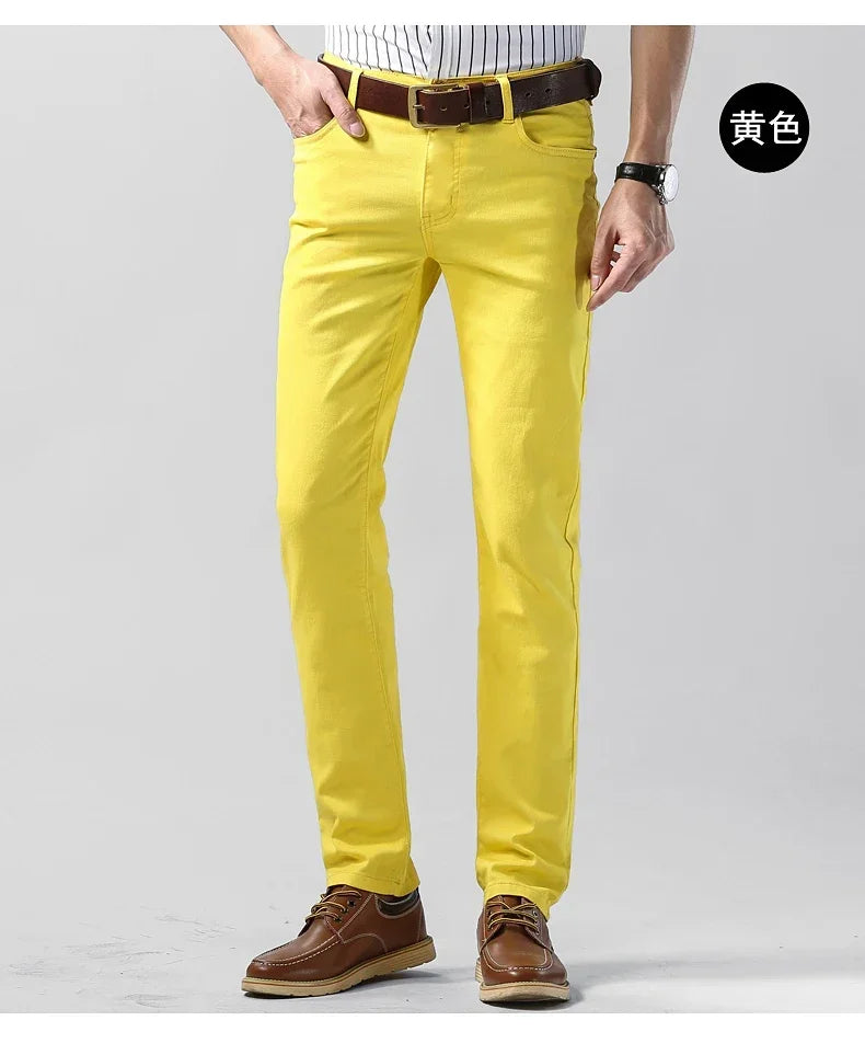 5 Colors Men's Colorful Denim Stretch Stretch Jeans Elastic Yellow Pink Red Slim Male Clothing Simple Business Denim Trousers