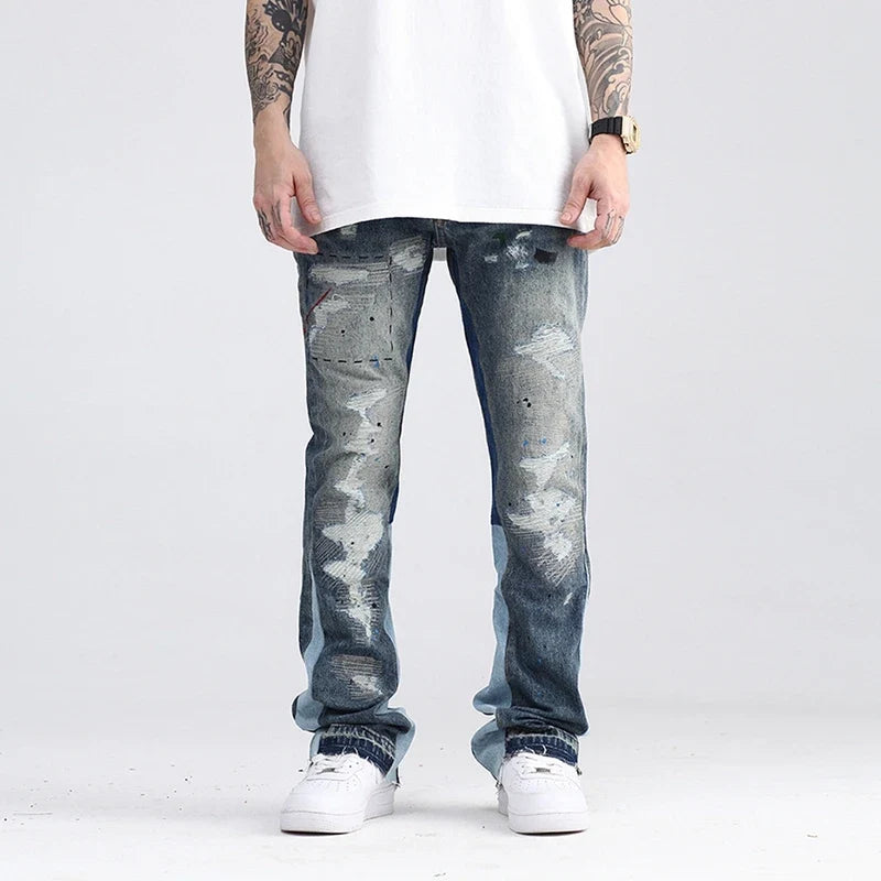 Blue Speckle Ink Washed Flared Jeans Slim Fit Hip Hop Graffiti Ripped Denim Pant Men Streetwear Vintage Wide Leg Jean Pants Y2k