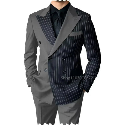 New Style Slim Fit Men Suits 2 Piece Groom Tuxedos Peak Lapel Double Breasted Blazer Pants Sets Prom Business Costume Homme